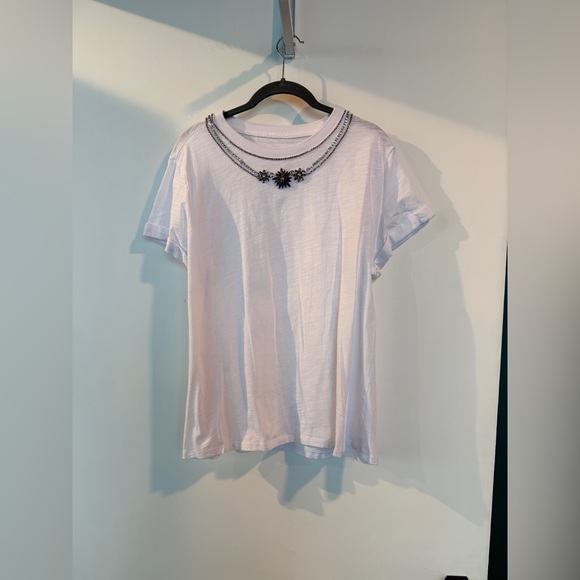 Cinq a Sept White T Shirt with Embellished Neckline - L - Picture 2 of 3